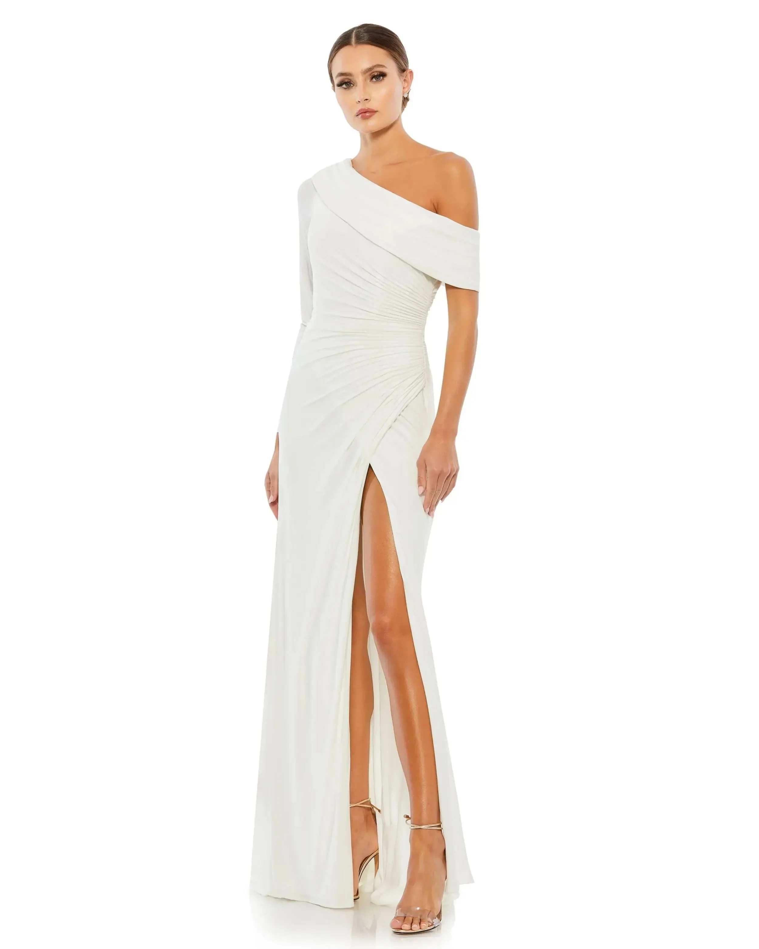White Ruched Jersey Drop Shoulder Foldover Gown