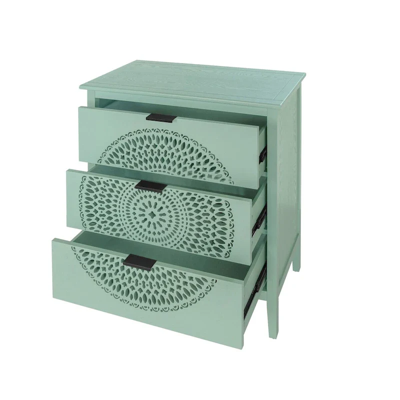 Hollow-Carved 3-Drawers Nightstand with Metal Handles