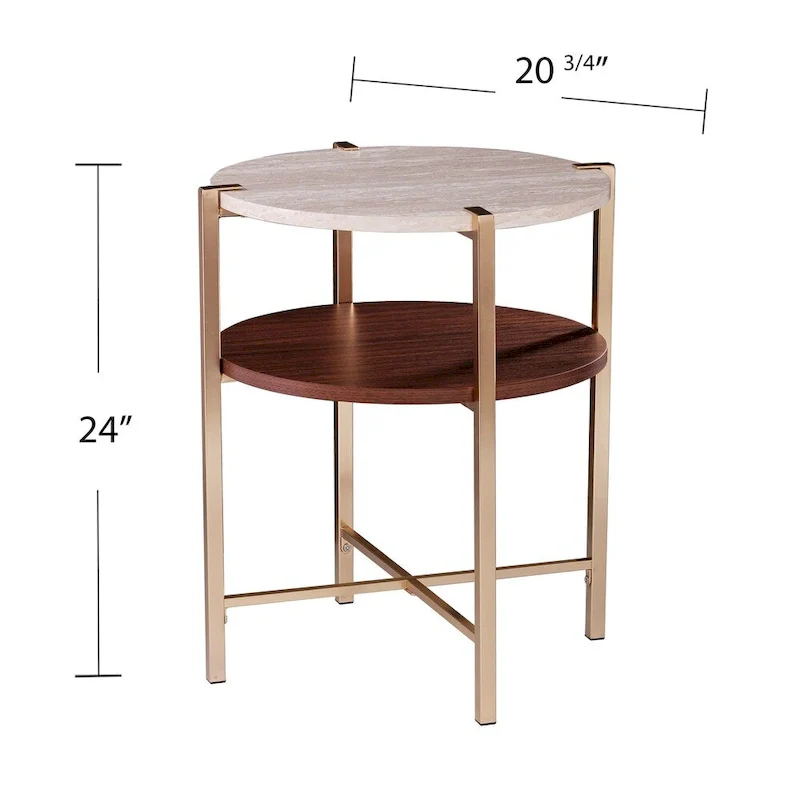 White/Brown Round Two-Tier Side Table with Faux Marble Top & Wood Shelf