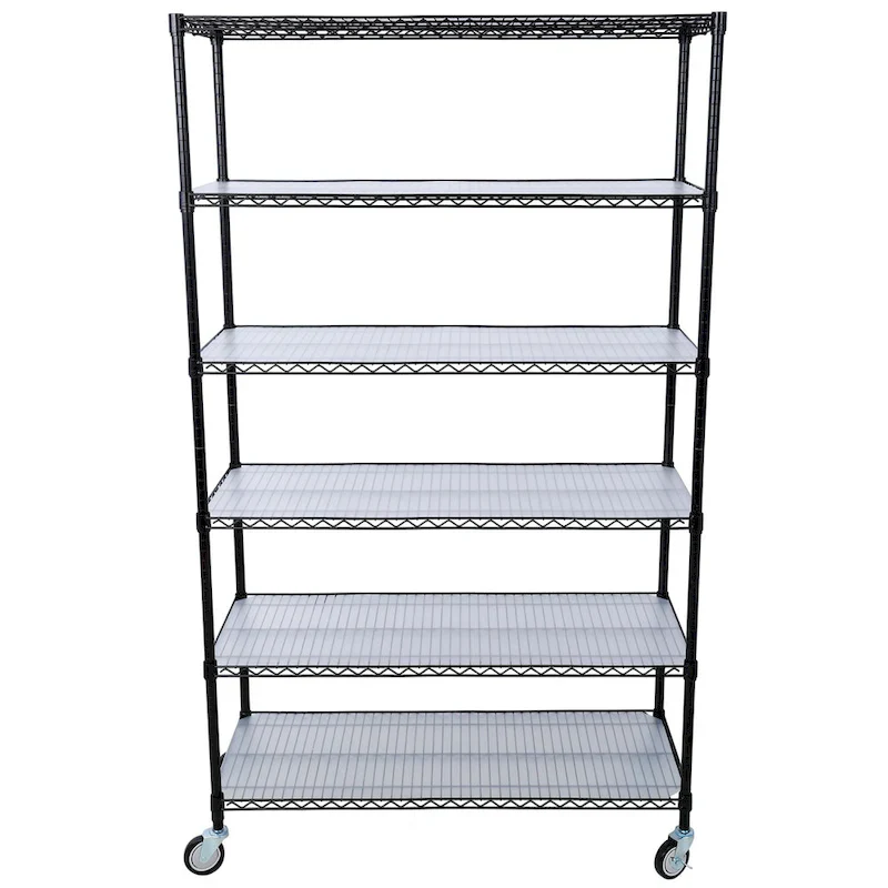 Black / White / Chrome 6-Tier Wire Shelving Unit with Wheels, 1-Person Assembly