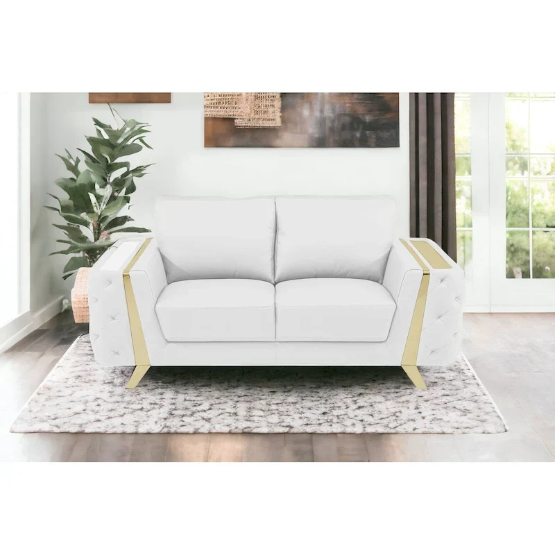 72-Inch White & Gold Genuine Leather Loveseat with Gold Metal Legs – Seats 2, 600 lb Capacity