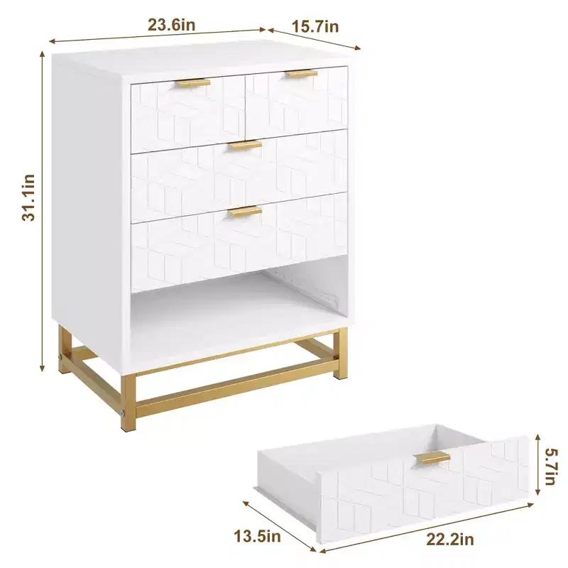 White Dresser with 5 Drawers, Tall Chest of Drawers, 5 Drawer Dresser with Deep Space, Wood Storage Cabinet for Living Room, Hallway, Office
