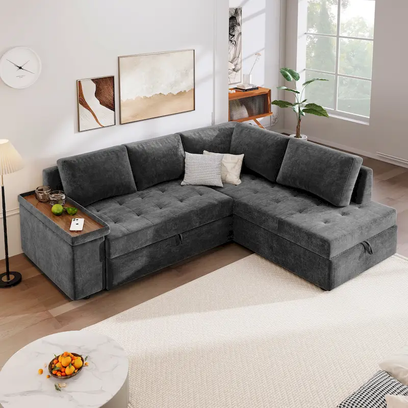 Dark Grey / Light Grey 3-Seater Convertible Sofa Bed with Storage