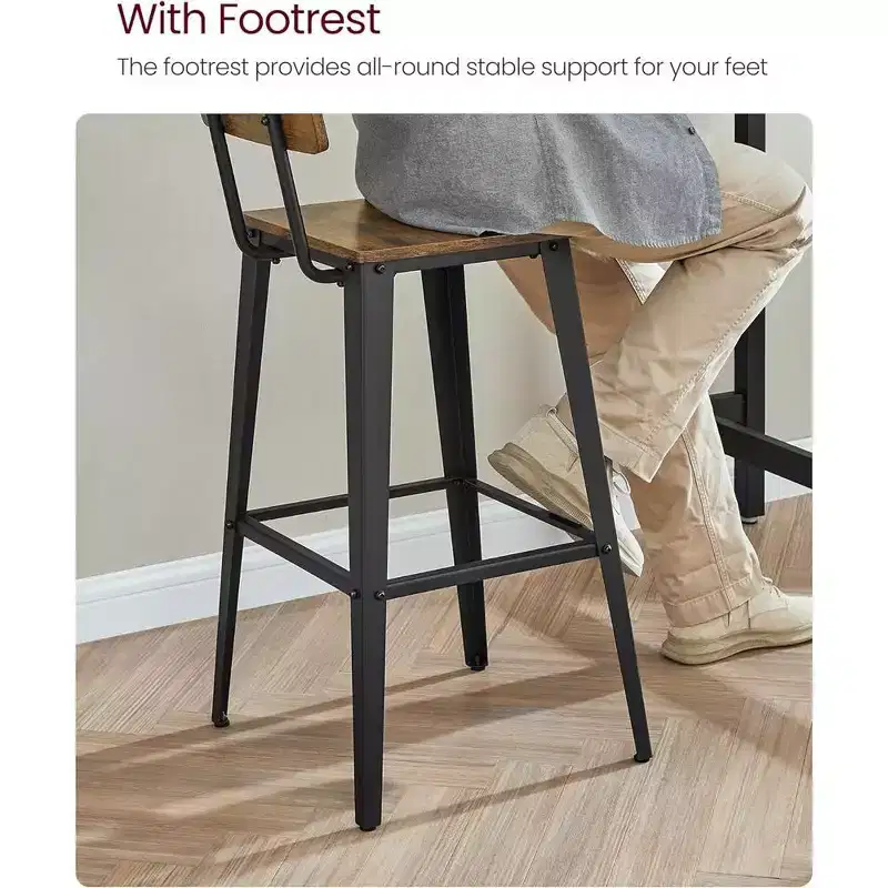 VASAGLE Set of 2 Bar Stools, Bar Height Stools, Tall Bar Stools with Back, Bar Chairs, Steel Frame, Industrial Style