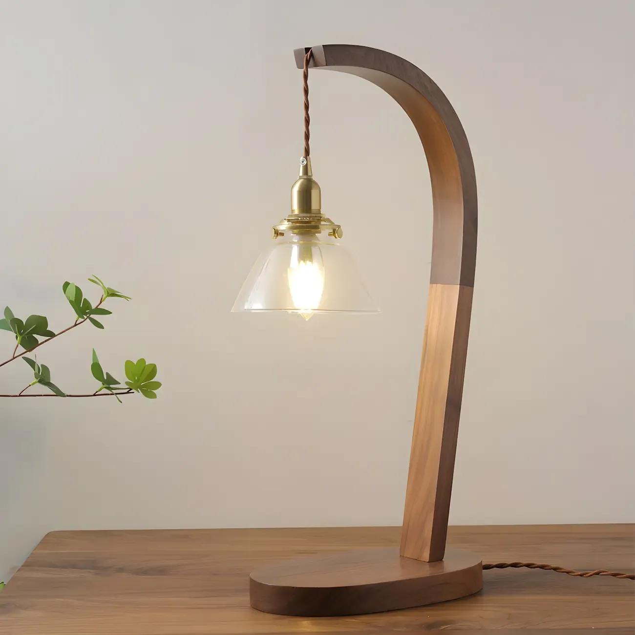 Retro Brown Gold Glass Wood Base Arched Table Lamp