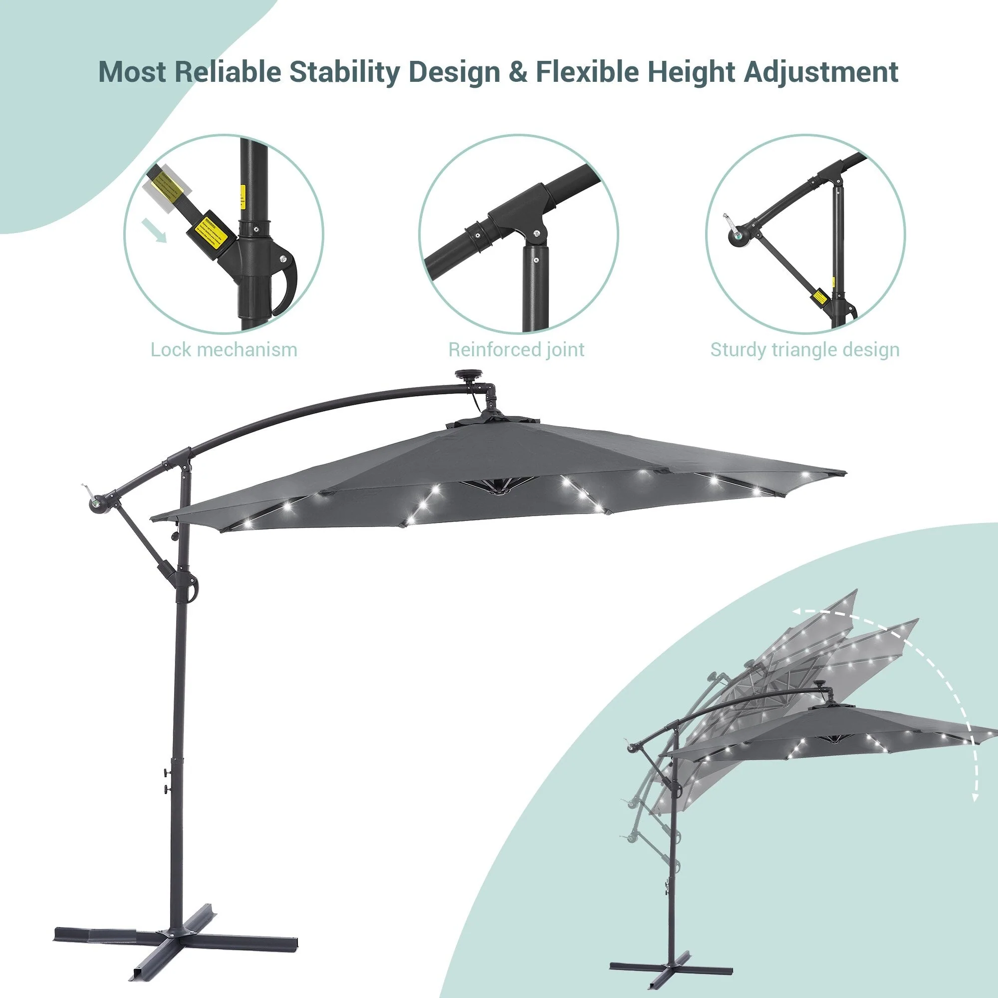 LIVOOSUN 10ft LED Patio Offset Umbrella With Cross Base