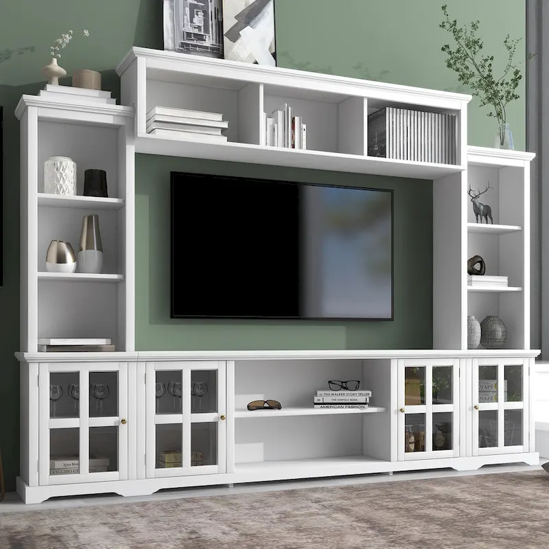 White Entertainment Wall Unit with Bridge & Tempered Glass Door for 70 TVs