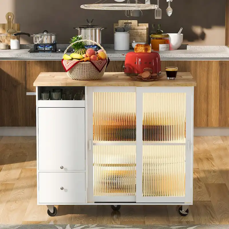 44 in. W Kitchen Island Rubber Wood Drop-Leaf Countertop on 5 Wheels with an Adjustable Shelf and 2 Drawers - 44