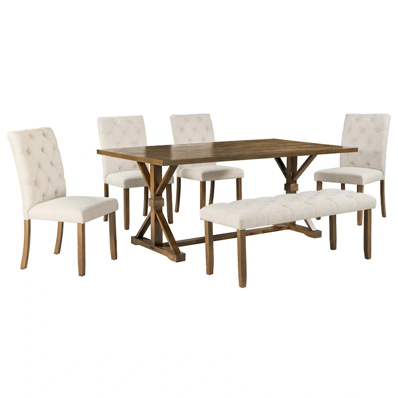 6-Piece Farmhouse Dining Table Set 72 Wood Rectangular Table, 4 Upholstered Chairs with Bench