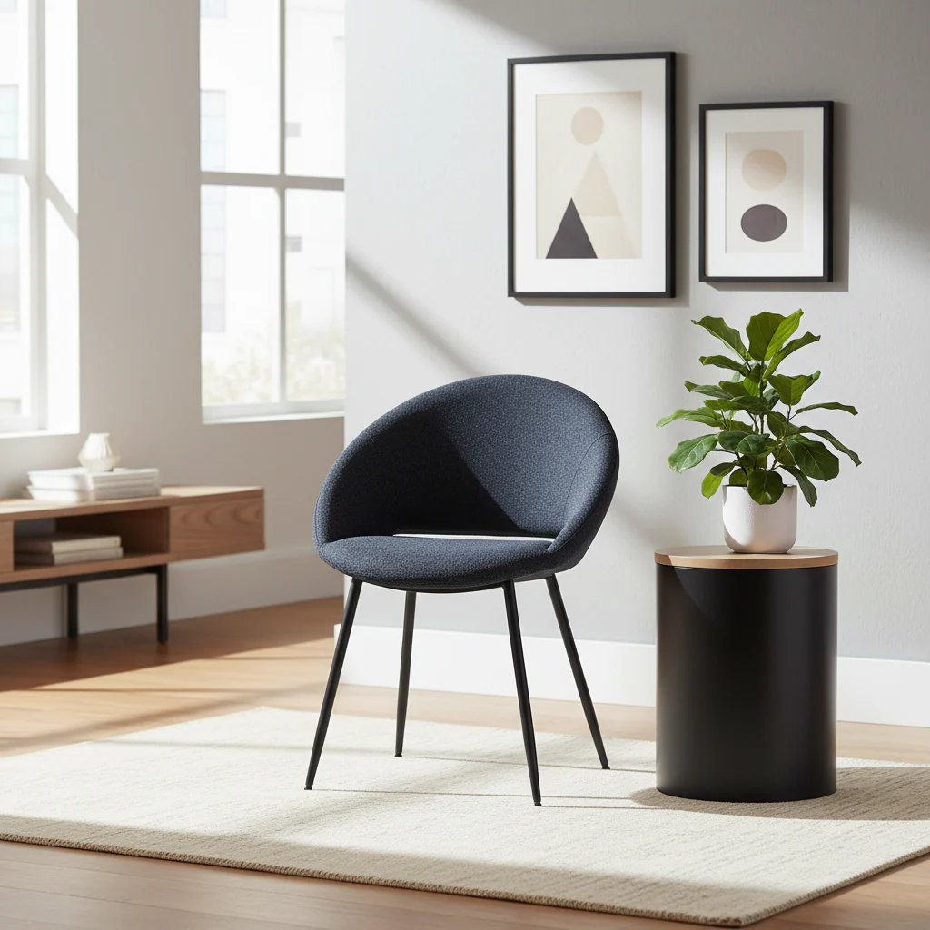 Side Dining Chair Set of 2, Black Boucle, Sleek Black Metal Frame