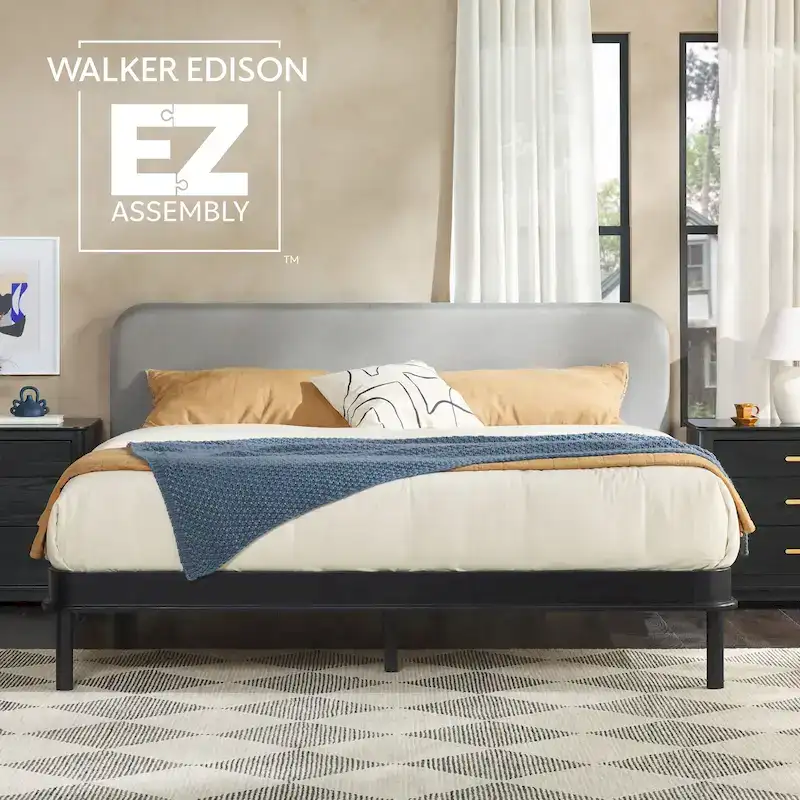 Walker Edison Solid Wood King Bed with Curved Upholstered Headboard