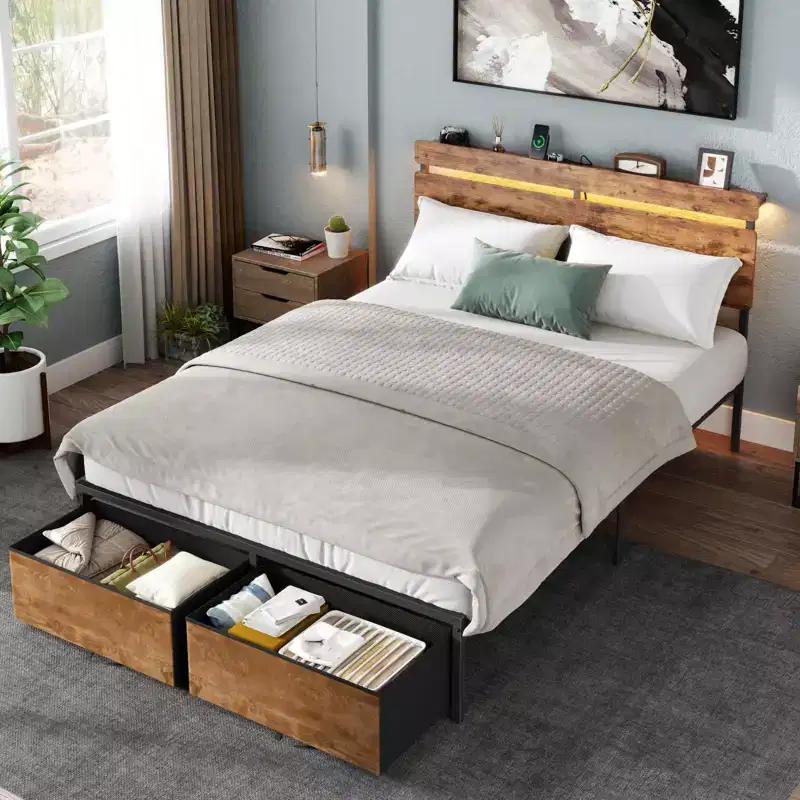 Full Size Bed Frame with Charging Station and LED Lights Vintage Brown Metal Platform Bed Storage Headboard 2 Drawers No Box Spring Needed