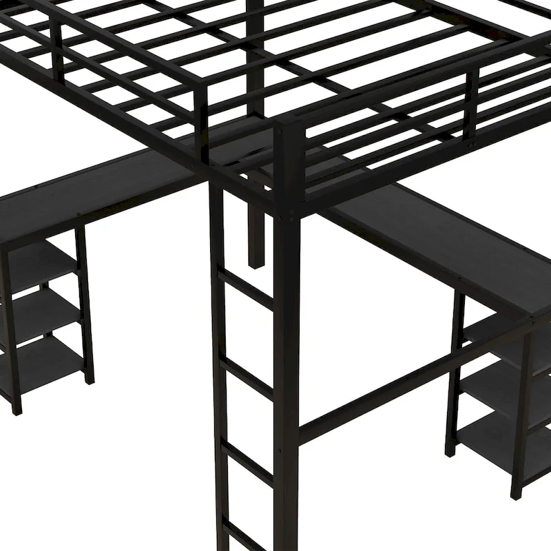 Black Metal Full Loft Bed with Desk and Shelves - L-Shaped Design