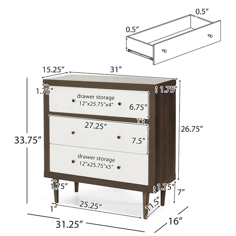 Walnut / Walnut+White / Gray Maple Mid-Century Modern 3-Drawer Chest – Single
