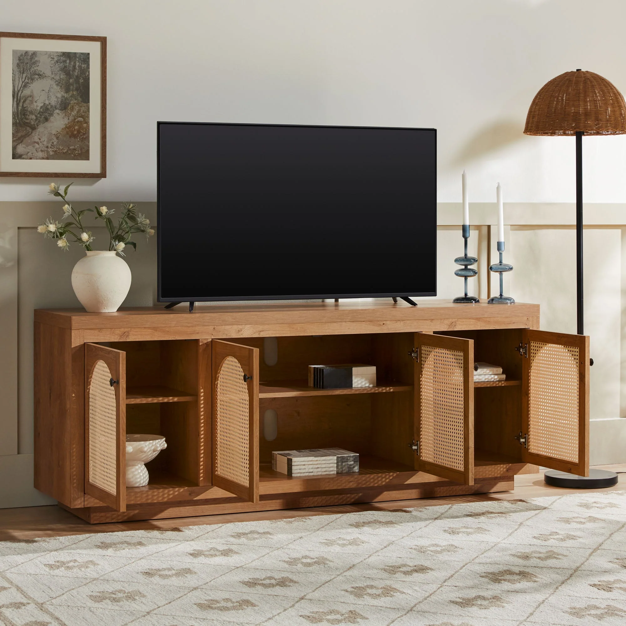 Sasha Contemporary TV Stand and Sideboard with Rattan Doors for up to 80 TV