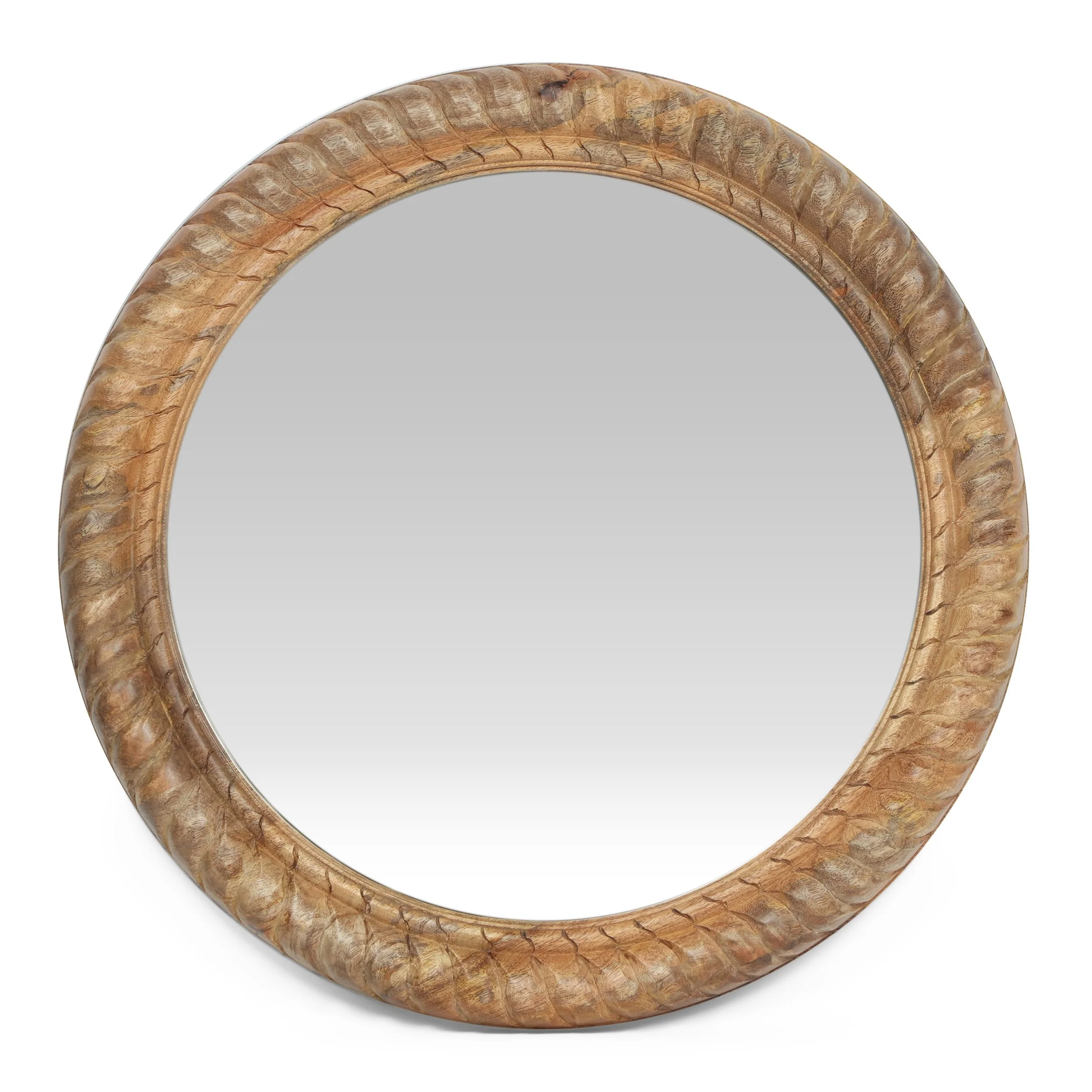 Traditional Handcrafted Round Mango Wood Wall Mirror, Natural - NH084413