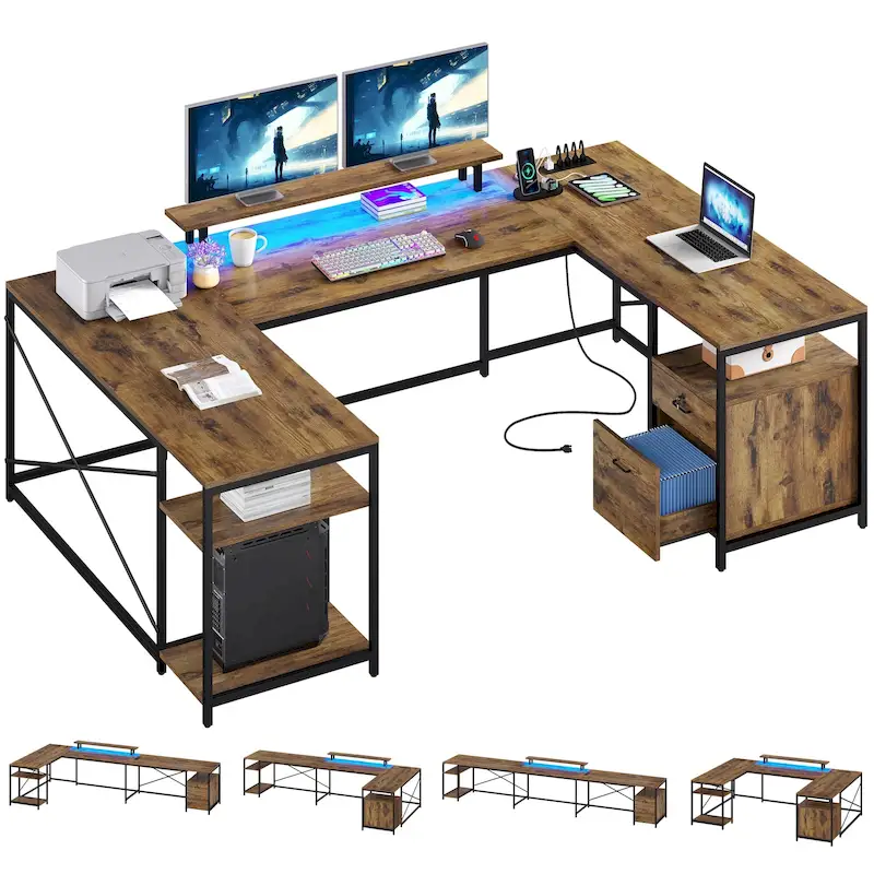 Moasis U-Shaped L-Shaped LED Computer Desk Reversible Corner Home Office Gaming Desk with Power Outlets