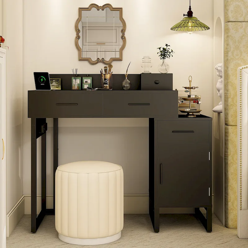 Reversible Makeup Vanity Desk With Charging Station and 4 Wooden Drawers and 1 Cabinet - N/A