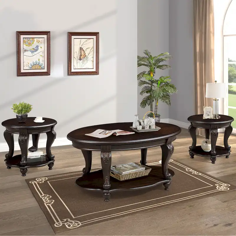 Modern Coffee Table Set Coffee Table and 2 End Side Tables 3-Piece Set with Rounded Corners, for Living Room