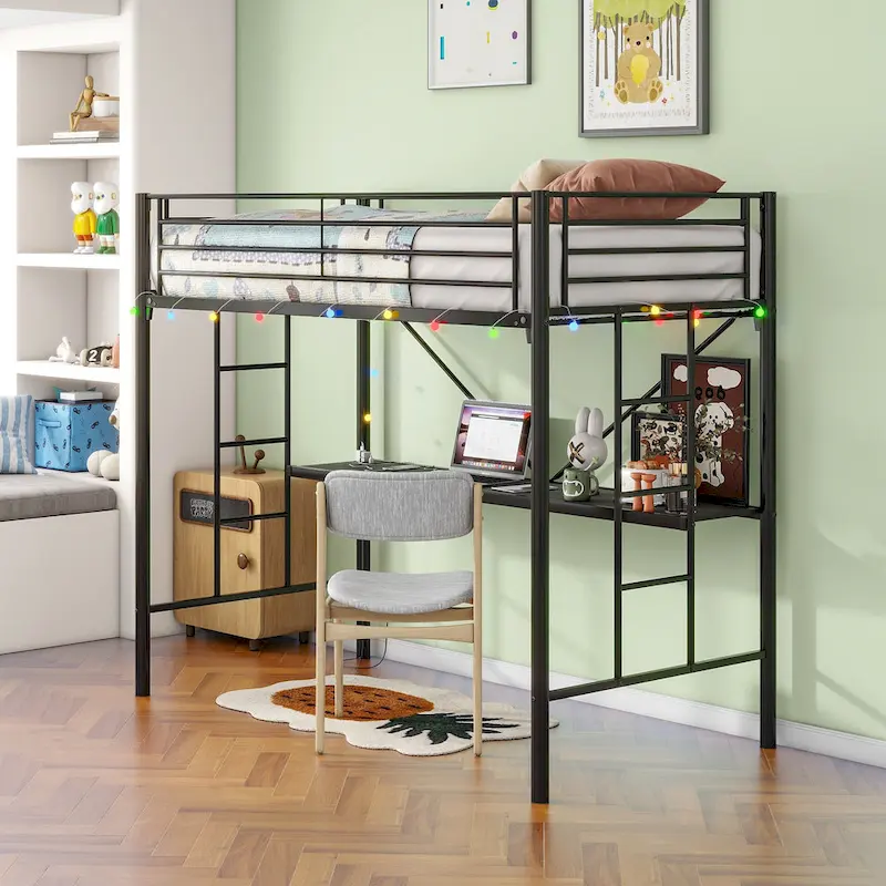 Twin Size Metal Loft Bed with Desk & LED Lighting | Modern Bedroom Furniture