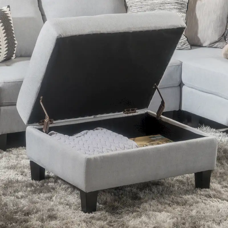 Contemporary Tufted Waffle Stitch Storage Ottoman with Birch Legs