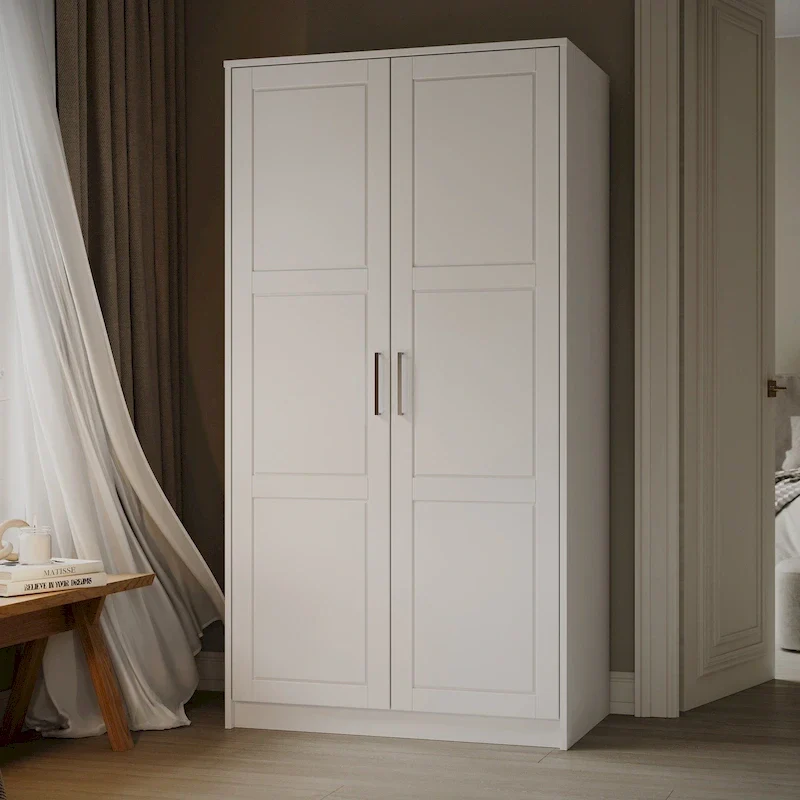 100% Solid Wood 2-Door Wardrobe Armoire with Solid & Mirrored Doors