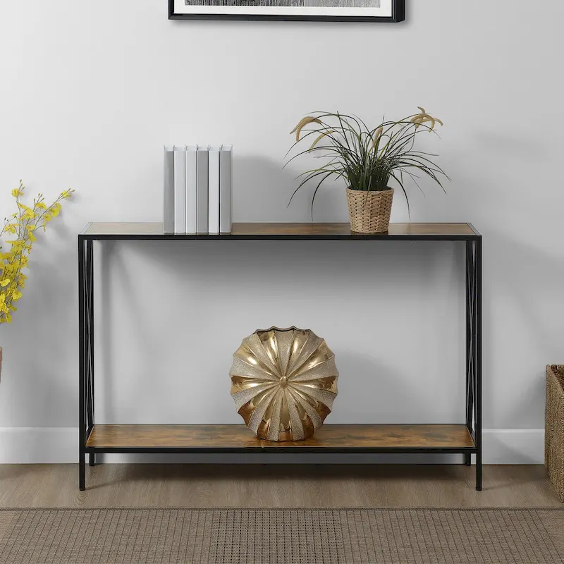 Farmhouse Industrial Console Table with Shelf