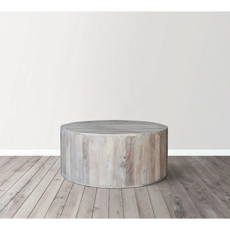 36 Inch Coffee Table, Handcrafted Drum Shape, Washed White Mango Wood