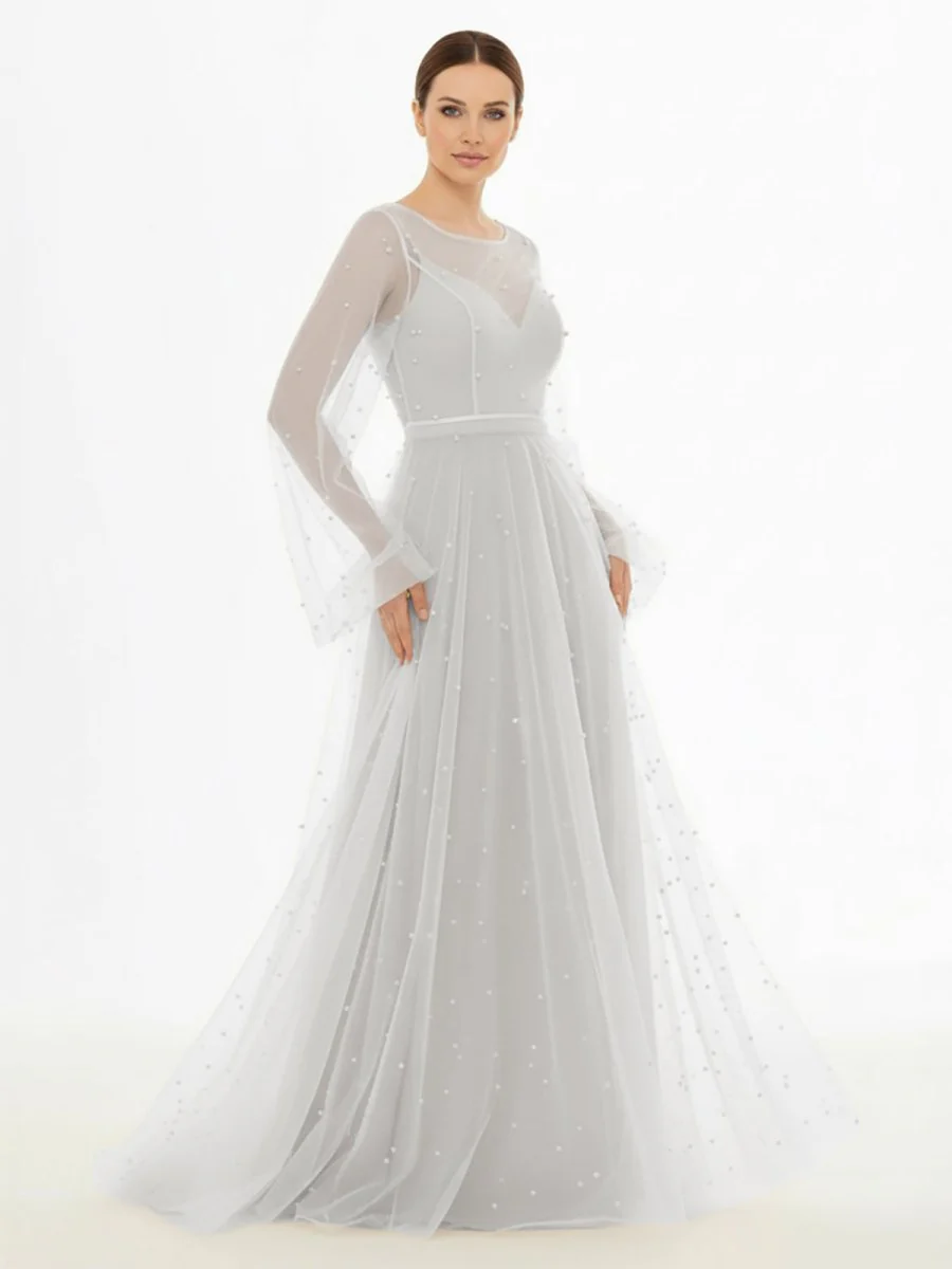 Simple Modest A-Line Long Sleeve Tulle Elopement Illusion Wedding Dress with Pearl