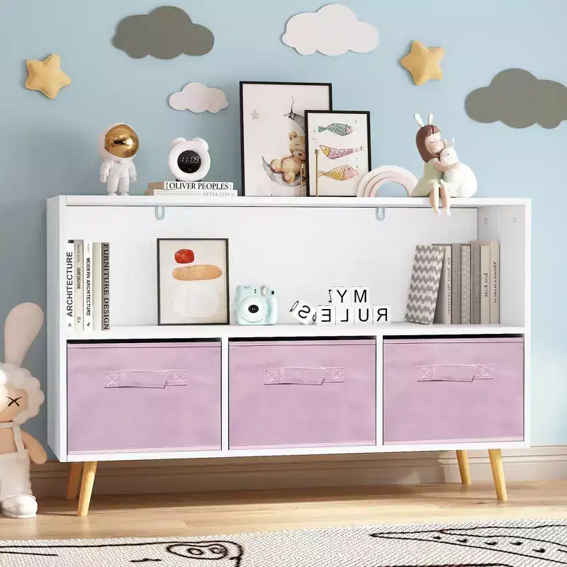 White & Blue 2-Shelf Kids Bookshelf with Fabric Drawers, 1-Person Assembly