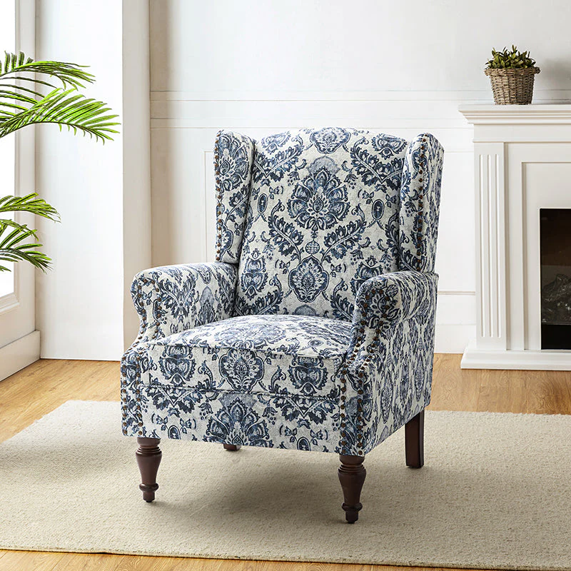 Wingback Armchair with Copper Nailhead Trim, Roll Arms, Removable Seat Cushion & Spindle Walnut Solid Wood Legs | Bird / Navy / Black / Mustard / Beige / Green | Single Seat