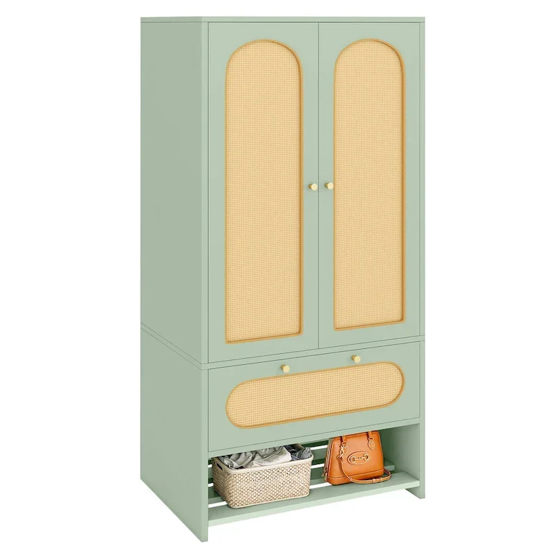 Moasis 70   Rattan Armoire Bedroom Wardrobe with Drawer & Hanging Rod