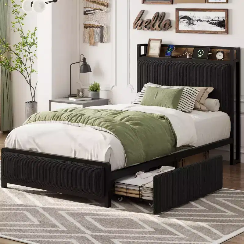 Acekool Twin XL Platform Bed Frame with Storage Headboard, Drawers and USB Ports, Upholstered Corduroy Bed, No Box Spring Needed