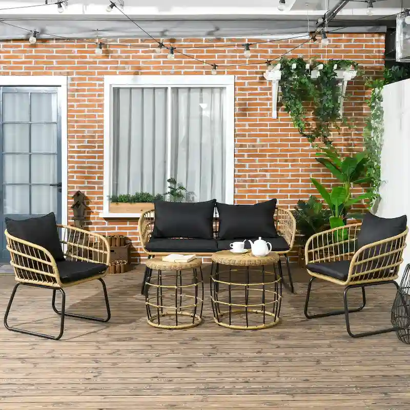 Outsunny 5 Piece PE Rattan Outdoor Furniture Set with Cushioned Chairs & Loveseat Sofa, Patio Sectional Furniture Set