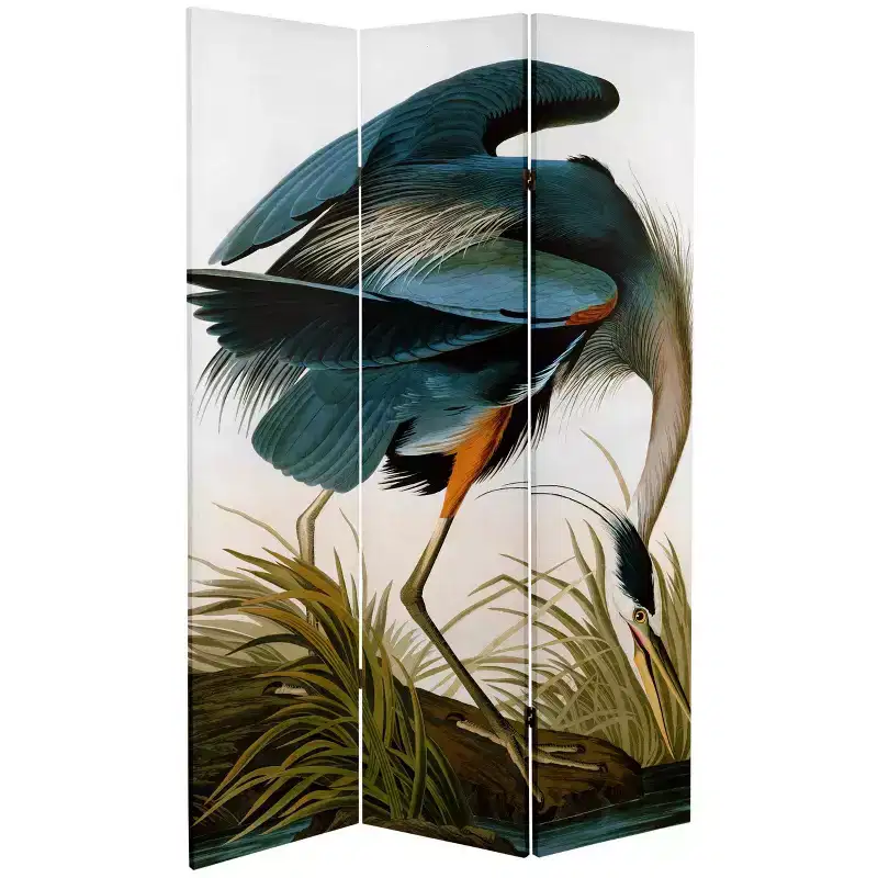 6" Double Sided Audubon Heron and Flamingo Canvas Room Divider - Oriental Furniture: Folding Privacy Screen