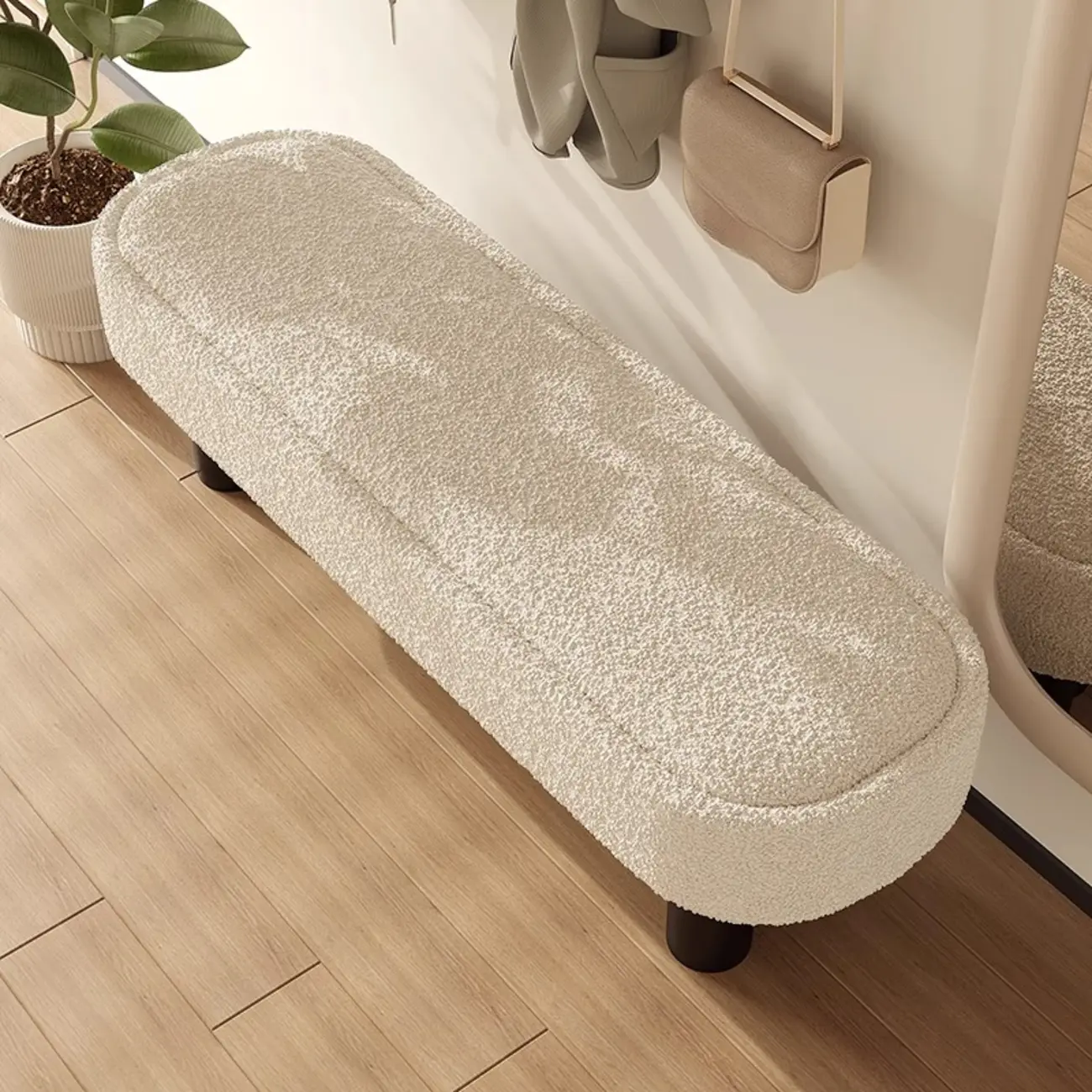 Modern Beige Upholstered Bedroom Bench Metal Frame