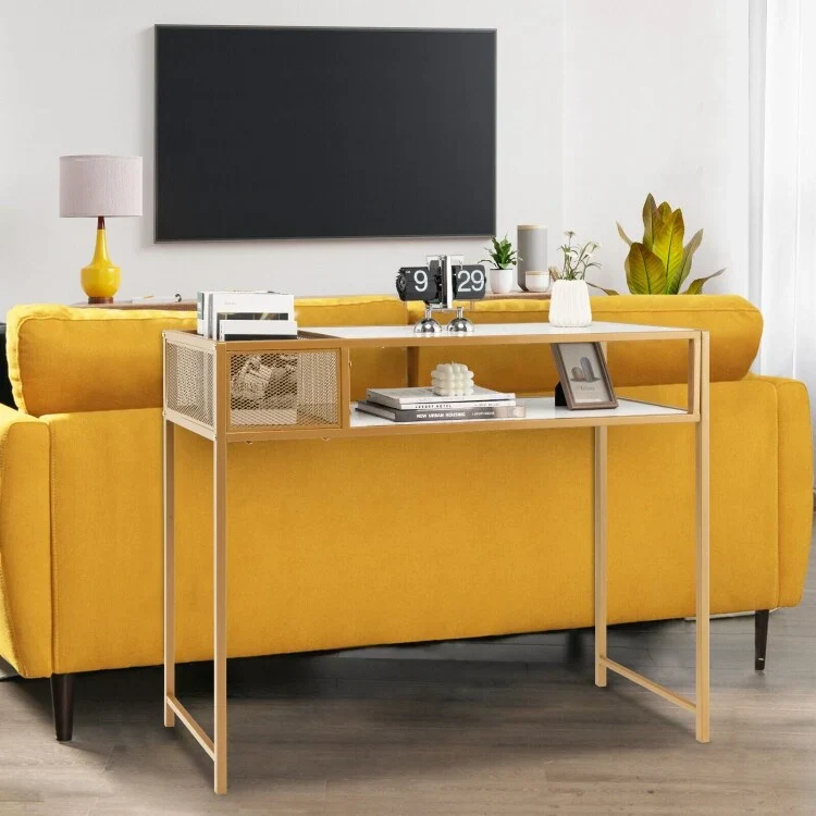 Faux Marble Console Table with Wire Baske for Entryway - 47.5  x 12  x 35.5  (L x W x H)