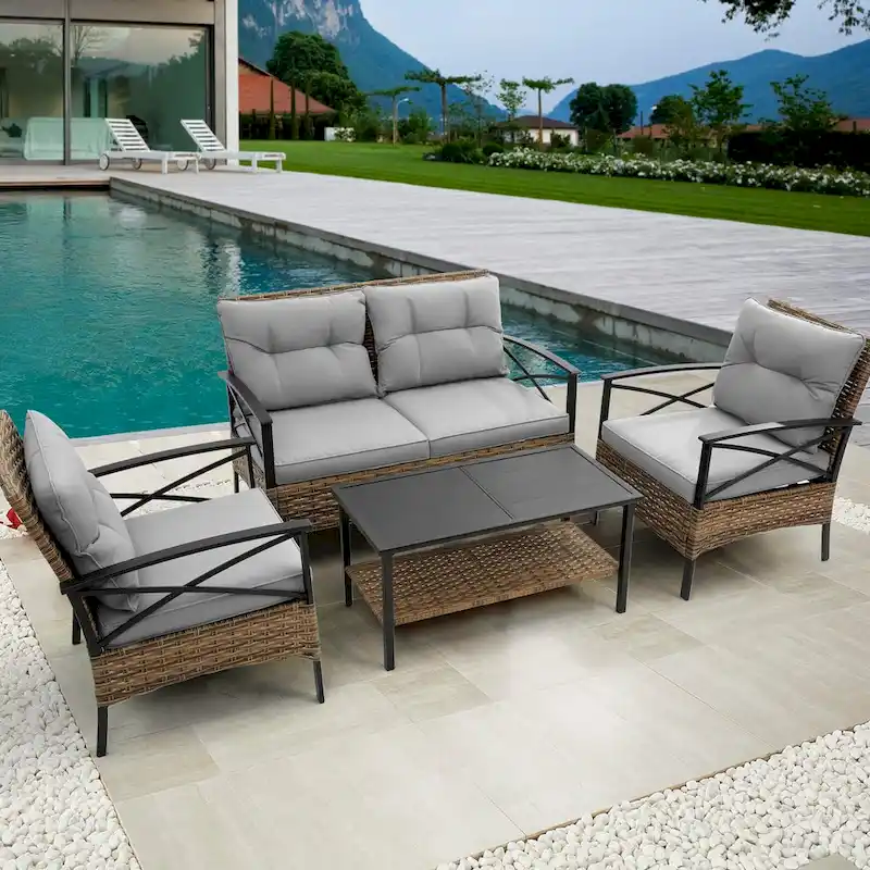 Grey Rattan Wicker Patio 4-piece Sectional Dining Conversation Sofa Set with Cushion, Steel Table Included