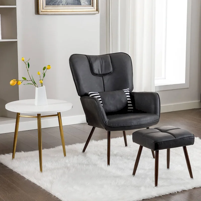 Brown / Grey / Beige Faux Leather Wingback Accent Chair with Ottoman, Single Seat