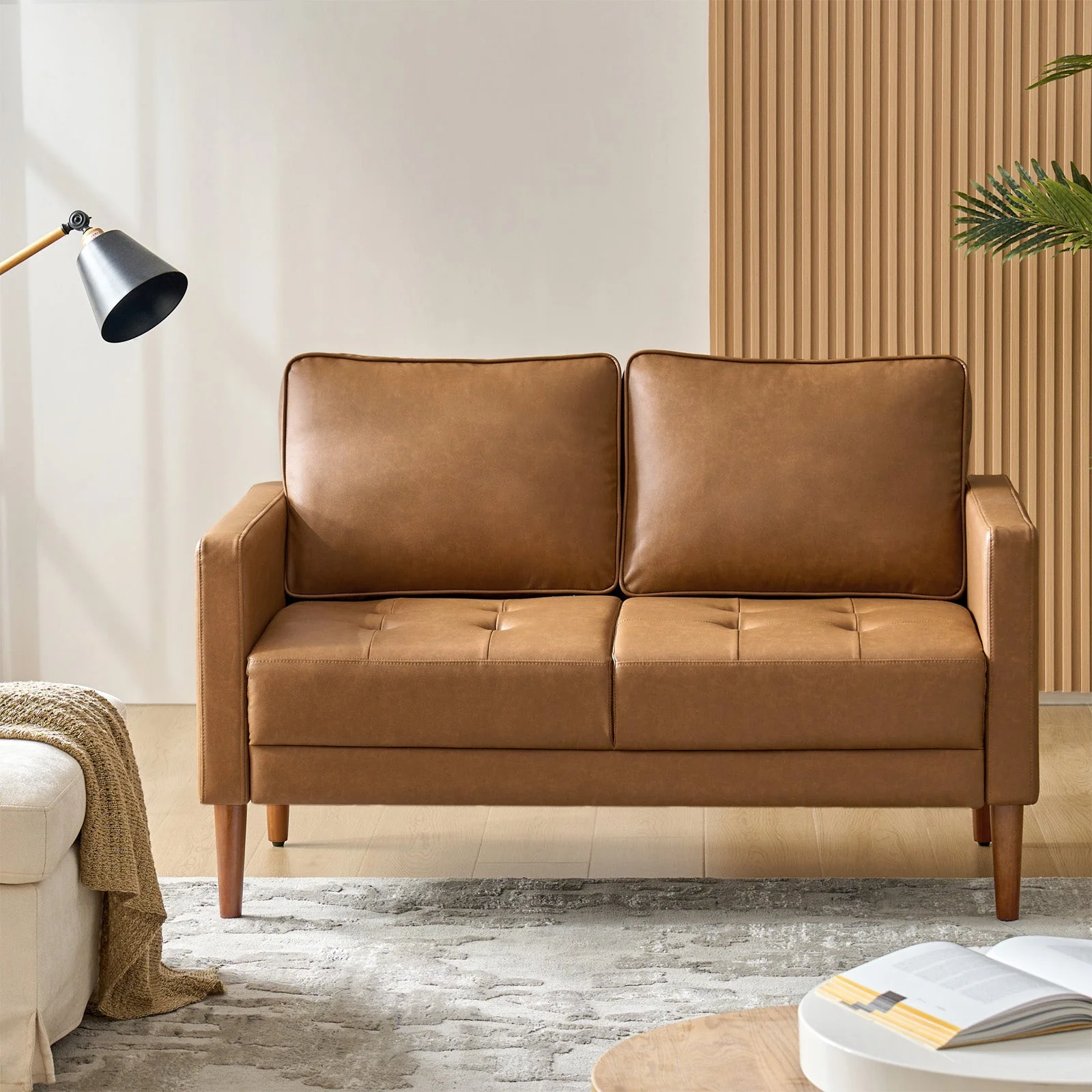 PVC Loveseat with Button-Tufted Seat, Movable Back Cushions, Nailhead Trim & Walnut Solid Wood Legs | Camel / Black / Brown | 2-Seater