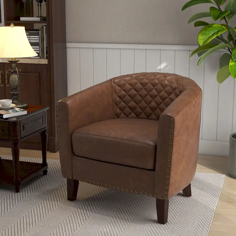 Ethan Accent Chair Barrel PU Leather with Nailhead Trim