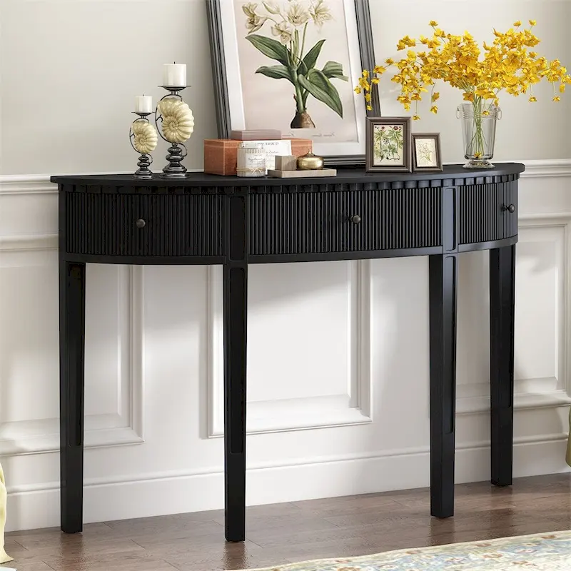 3-Drawer Half-Moon Console Table, Stripe Front, Pine Legs – Black / Antique White / Navy Blue