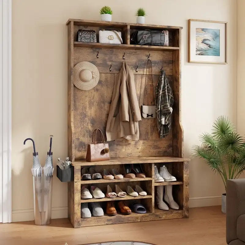 39.37 W Hall Tree, 3 in 1 Entryway Bench with Coat Rack and Shoe Storage