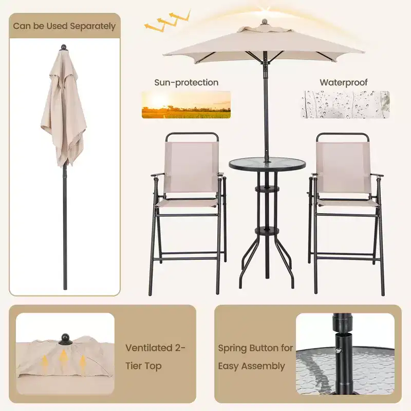 Costway 4PCS Patio Bistro Set Folding Counter Height Chairs Round Bar Table& Umbrella