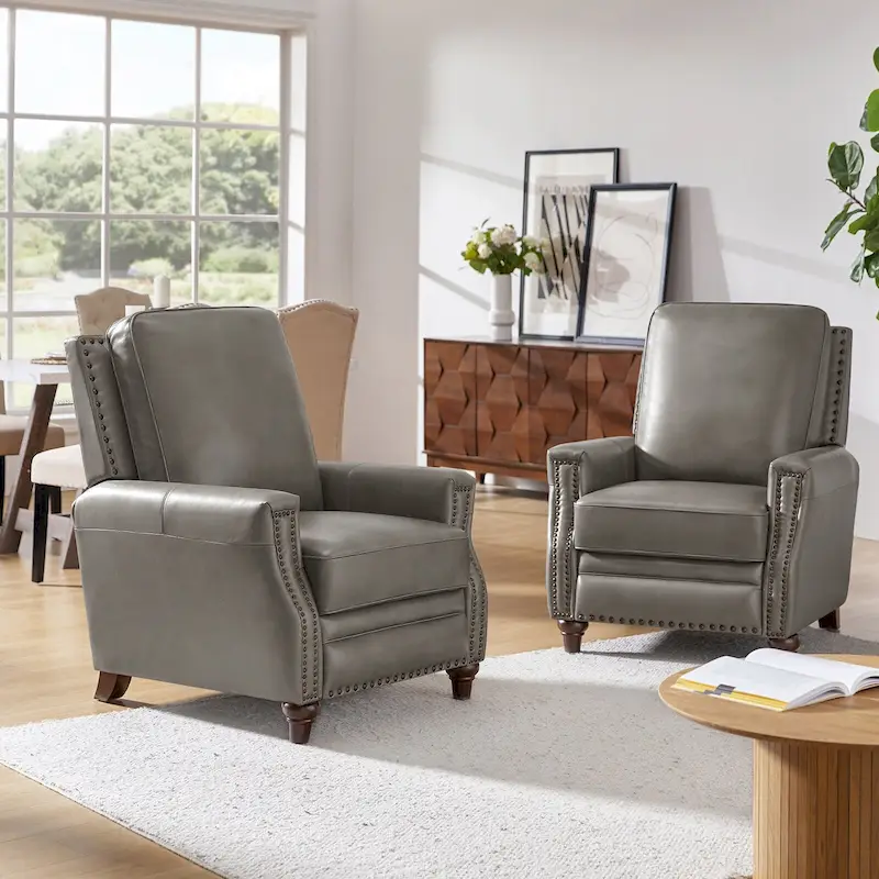 Mid-Century Modern Genuine Leather Pushback Recliner with Nailhead Trim (Set of 2)
