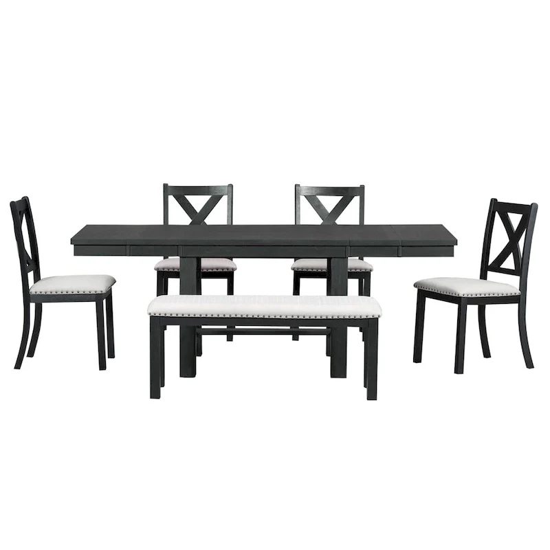 Black 6-Piece Wooden Dining Table Set with Extendable Table & 4 Chairs & Bench