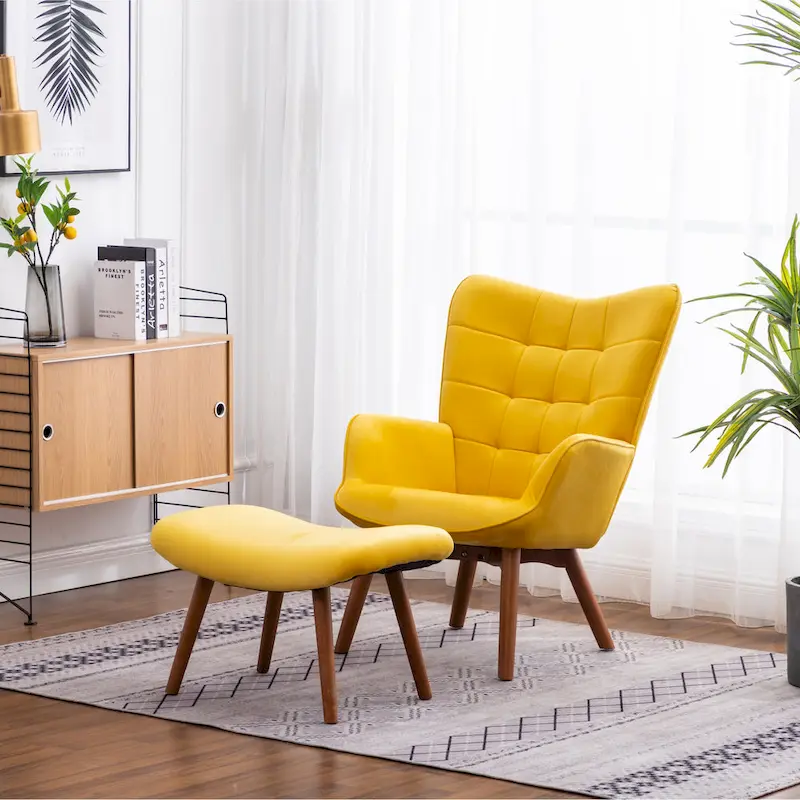 Velvet Tufted Wingback Accent Chair with Ottoman – Yellow / Mauve / Blue / Grey, 1-Person