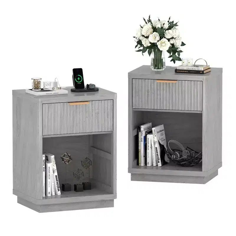 Fluted Nightstand Set of 2  Farmhouse Bedside Tables with Charging Station & 1-Drawer Storage (Mid-Century Modern)