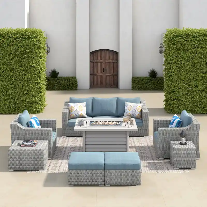 Corvus Martinka 10-pc. Wicker Patio Furniture Set w/ Rectangular Fire Pit