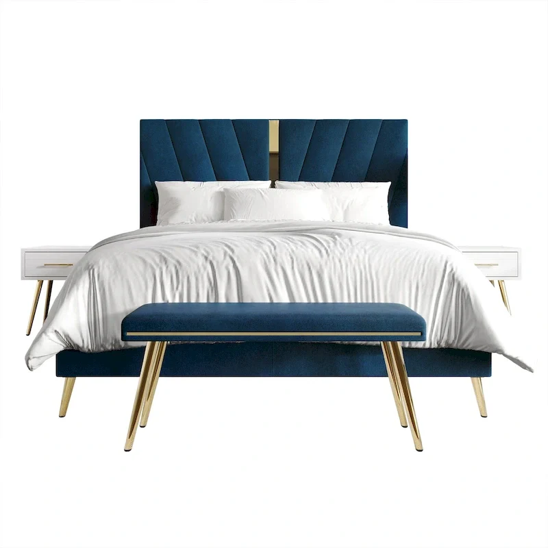 Navy Blue / Black / Silver Lake / Champagne Velvet Upholstered 4-Piece Bedroom Set, Twin to King, 1–2 Person